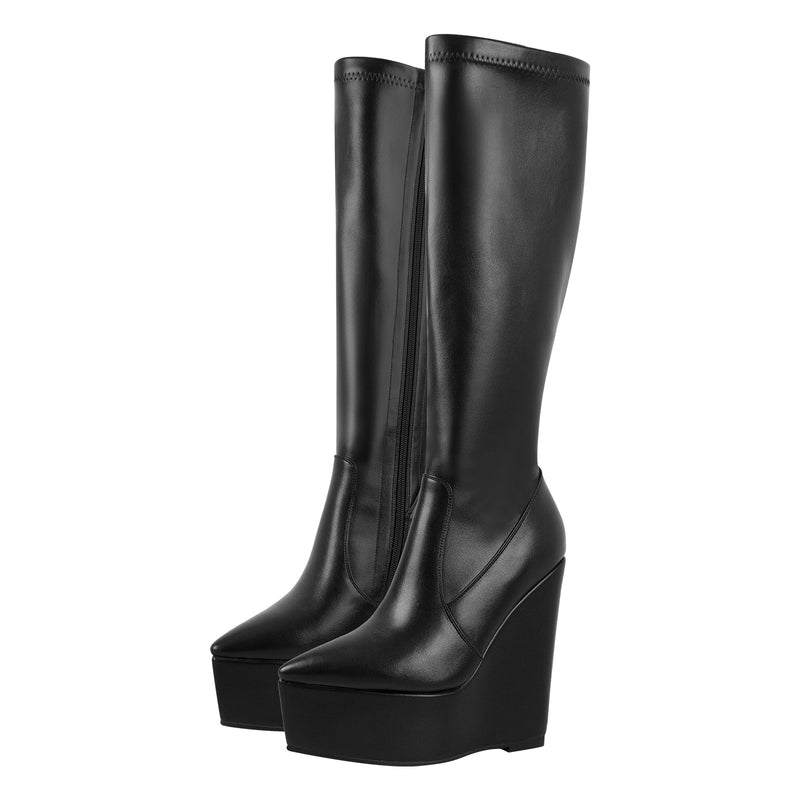 Pointed Toe Wedge Heel Zipper Thigh Knee High Boots