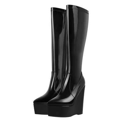 Pointed Toe Wedge Heel Zipper Thigh Knee High Boots