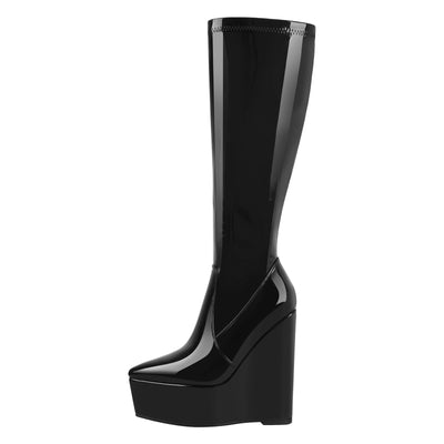 Pointed Toe Wedge Heel Zipper Thigh Knee High Boots
