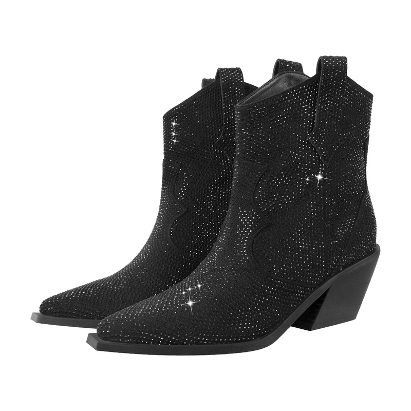 Rhinestone Pointed Toe Chunky Heels Ankle Boots