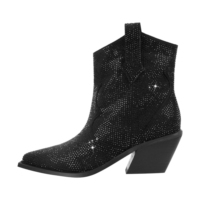 Rhinestone Pointed Toe Chunky Heels Ankle Boots