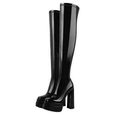 Patent Platform Chunky Knee High Thigh Boots