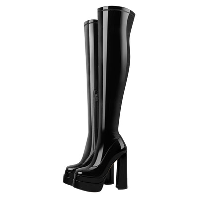 Patent Platform Chunky Knee High Thigh Boots