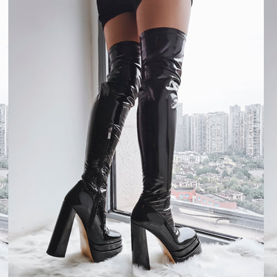 Patent Platform Chunky Knee High Thigh Boots