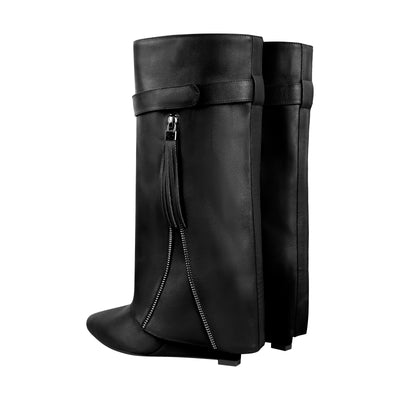 Pointed Toe Side Tassel Zipper Fold Over Boots