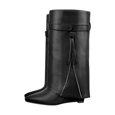 Pointed Toe Side Tassel Zipper Fold Over Boots
