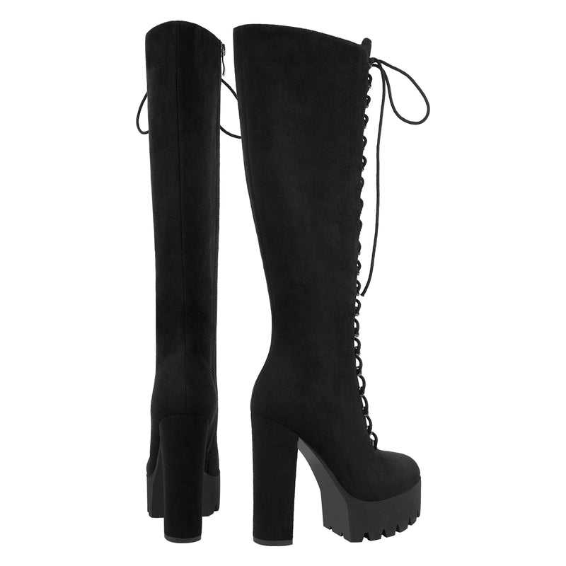 Platform Chunky Heels Lace up Knee High Boots