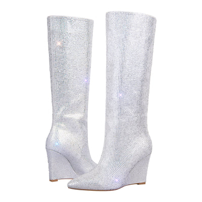 Rhinestone Wedge Heel Knee High Boots