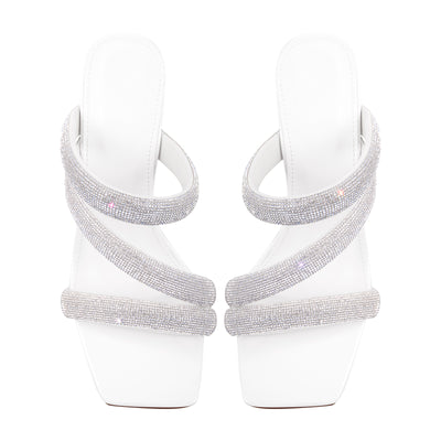 Rhinestone Strappy Slip on Chunky Heels Sandals