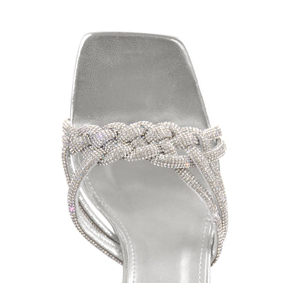 Rhinestone Lace-Up Silver Heels Sandals