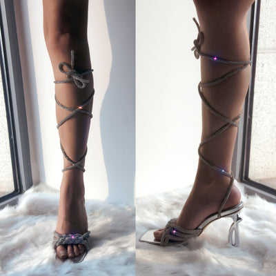 Rhinestone Lace-Up Silver Heels Sandals