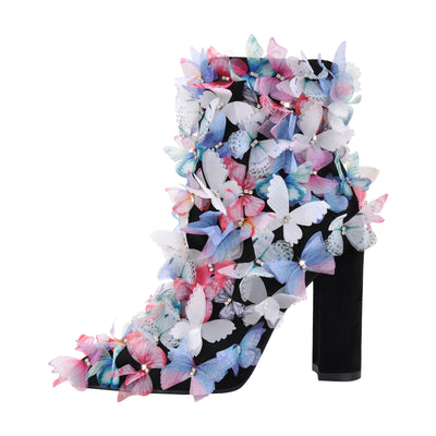 Butterfly Pointed Toe Chunky Heel Ankle Boots