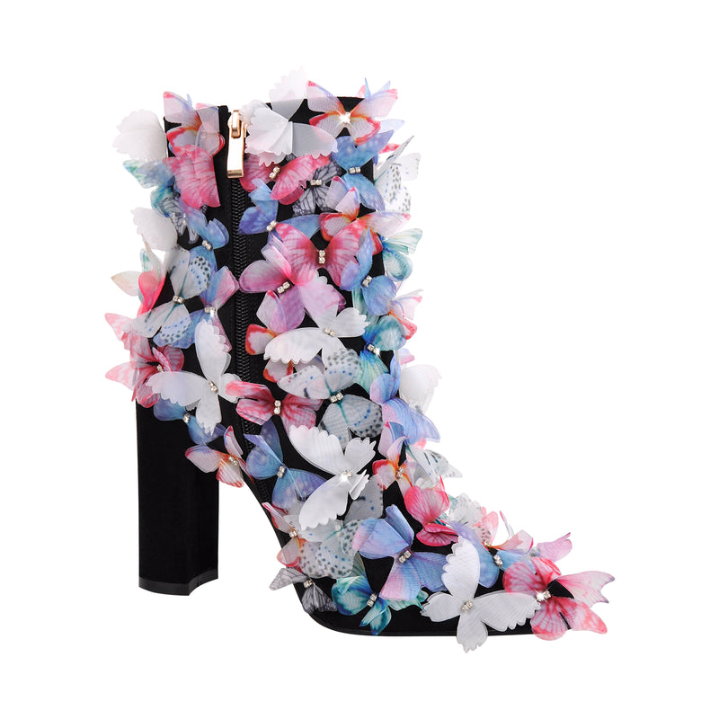 Butterfly Pointed Toe Chunky Heel Ankle Boots