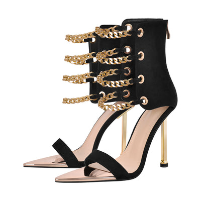 Pointed Toe Metal Chain Back Zipper Sandals