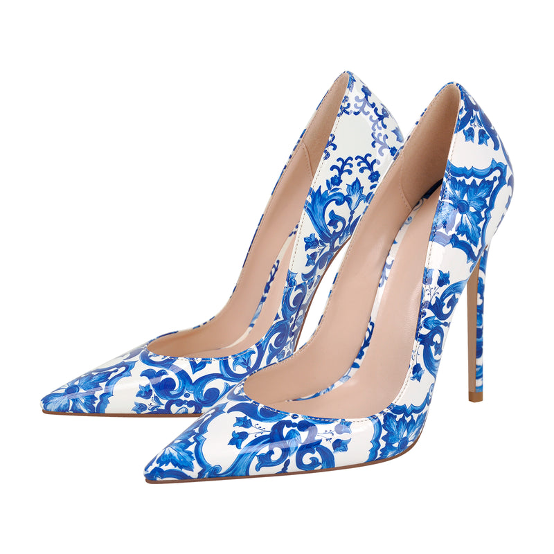Blue and White Pattern Pointed Toe Pumps – Onlymaker