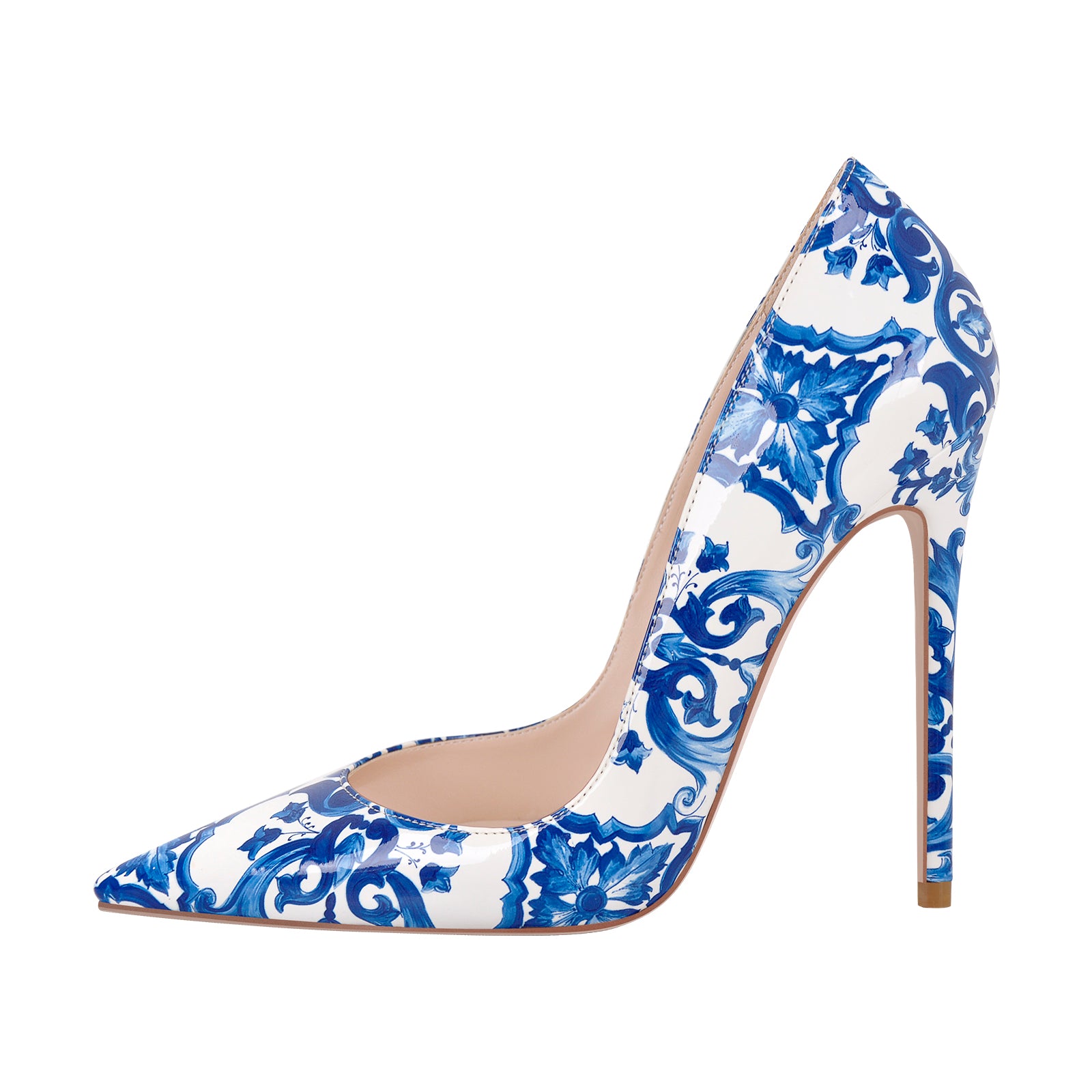 Blue and White Pattern Pointed Toe Pumps – Onlymaker