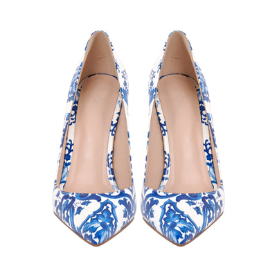 Blue and White Pattern Pointed Toe Pumps