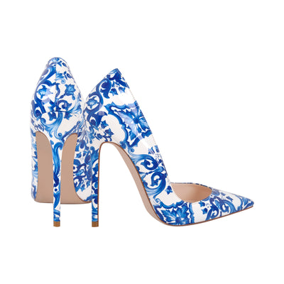 Blue and White Pattern Pointed Toe Pumps