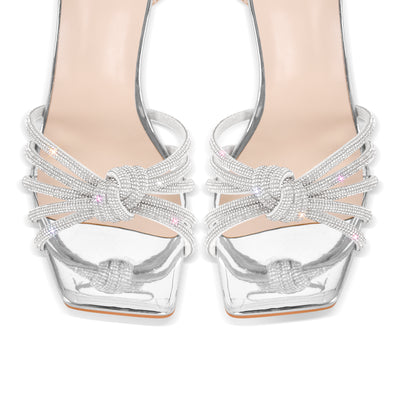 Square Toe Rhinestone Strap Clear Heel Sandals