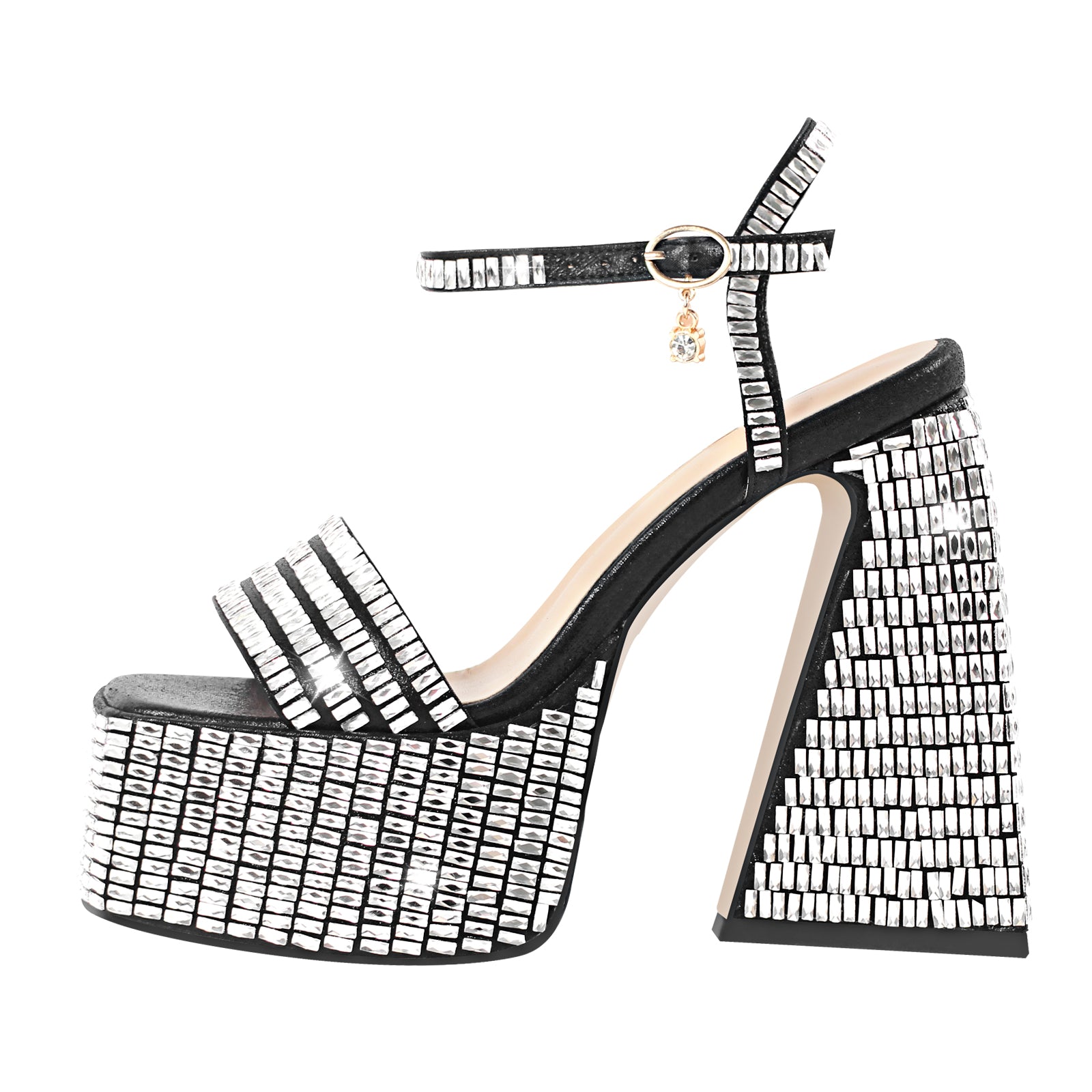 Rhinestone Square Toe Chunky Heel Platform Sandals – Onlymaker
