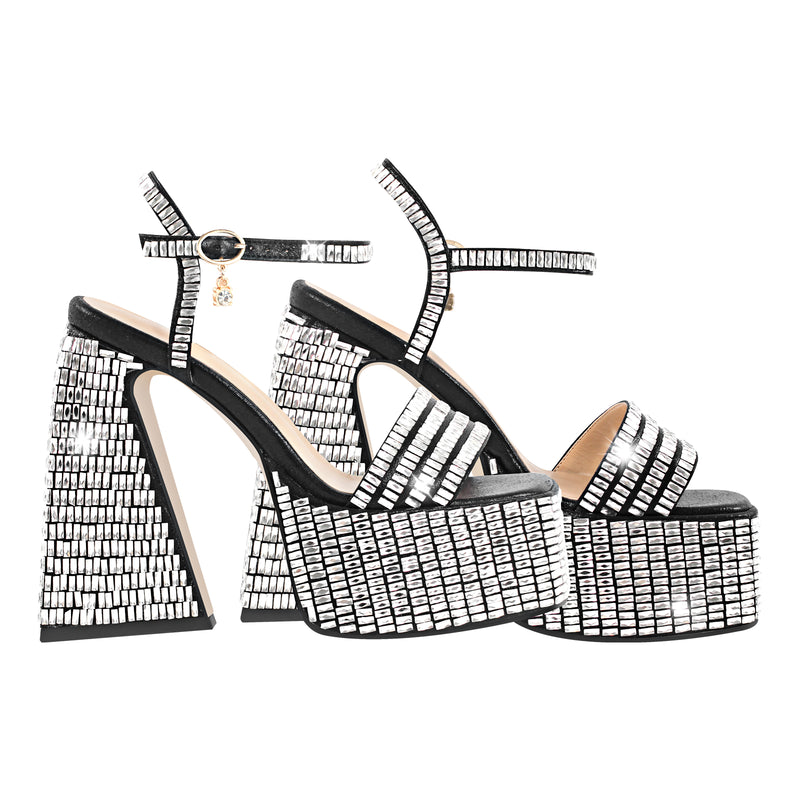 Rhinestone Square Toe Chunky Heel Platform Sandals