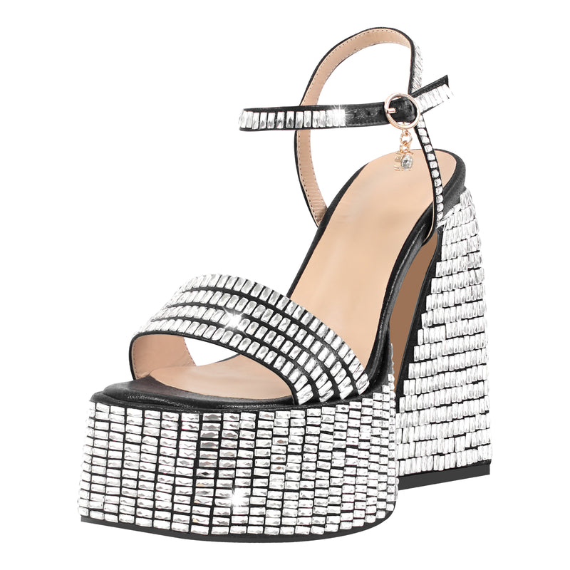 Rhinestone Square Toe Chunky Heel Platform Sandals – Onlymaker