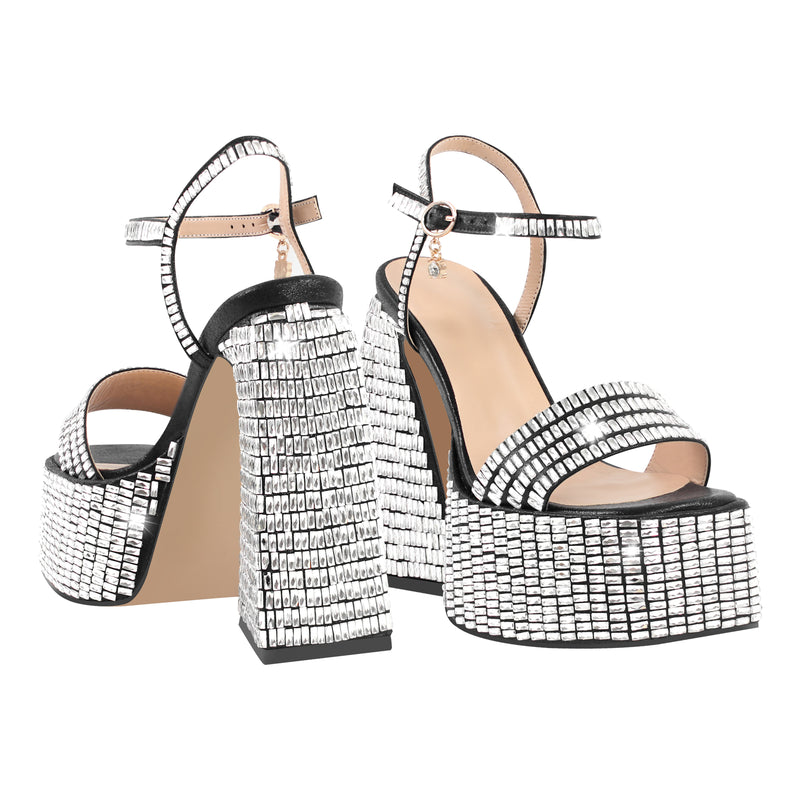 Rhinestone Square Toe Chunky Heel Platform Sandals