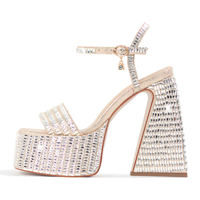 Rhinestone Square Toe Chunky Heel Platform Sandals