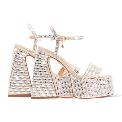 Rhinestone Square Toe Chunky Heel Platform Sandals