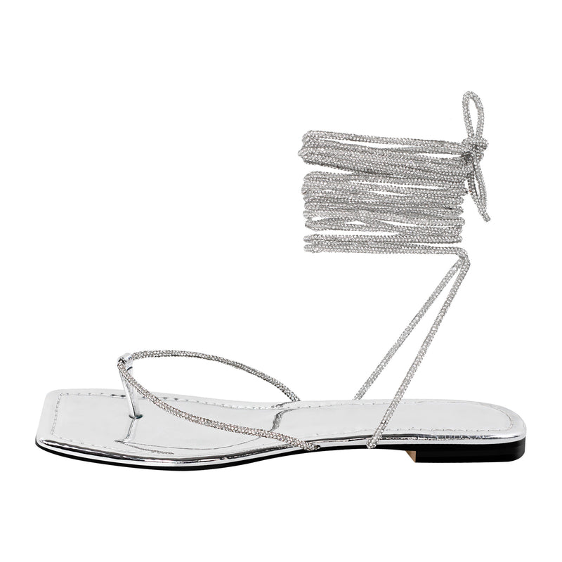 Silver Square Toe Flip-Flops Lace-up Flats