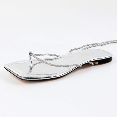 Silver Square Toe Flip-Flops Lace-up Flats