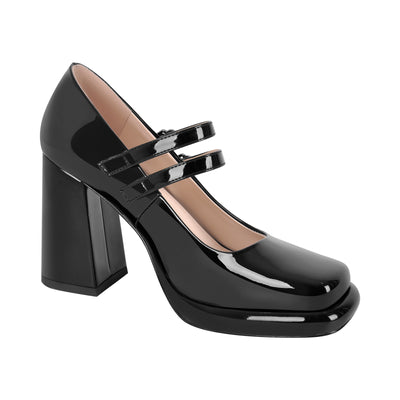 Square Toe Mary Jane Buckle Strap Chunky Heel Pumps