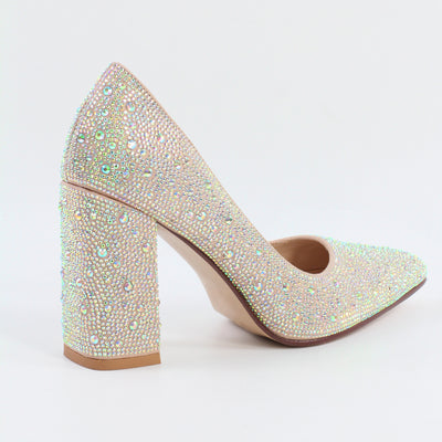 Rhinestone Pointed Toe Chunky Heel Pumps