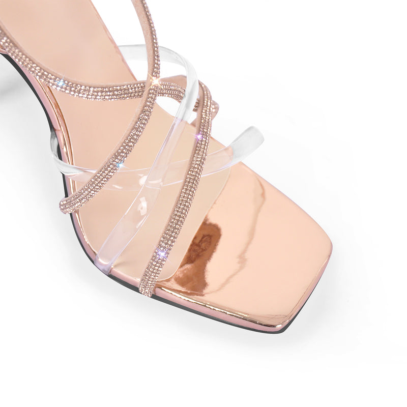 Square Toe Ankle Strap Clear Heel Sandals