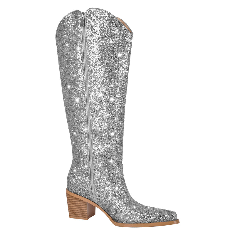 Glitter Chunky Heel Thigh High Boots