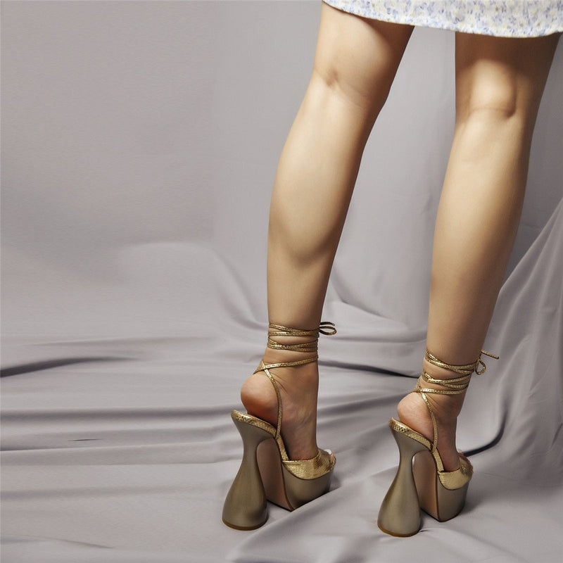 Gold Platform Lace Up Cross Sandals