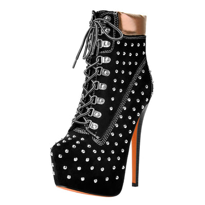 Black Suede Round Toe Rivet Lace-up Ankle Boots