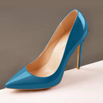Blue Patent Leather Pointed Toe High Heel Pumps