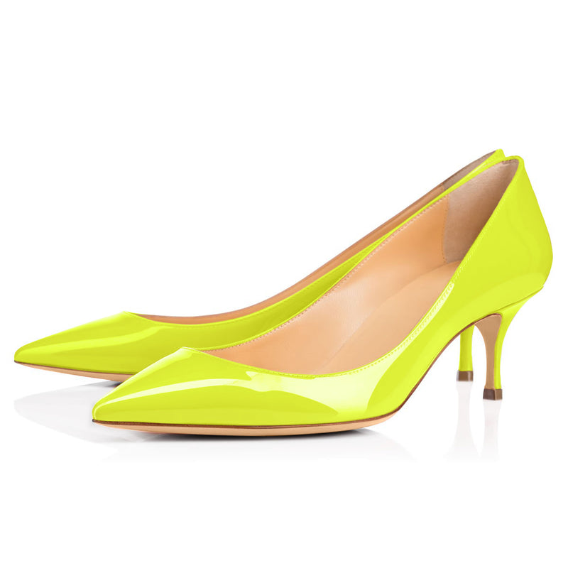 Yellow Patent Leather Pointed Toe Slip On Pumps