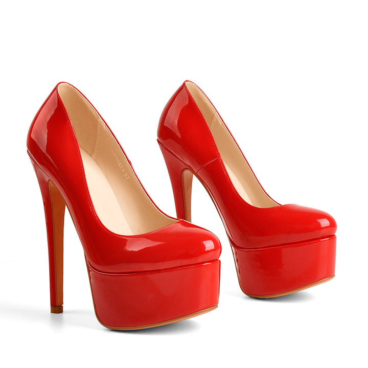 Round Toe Red Patent Leather Platform Heels Patent Leather Rounde