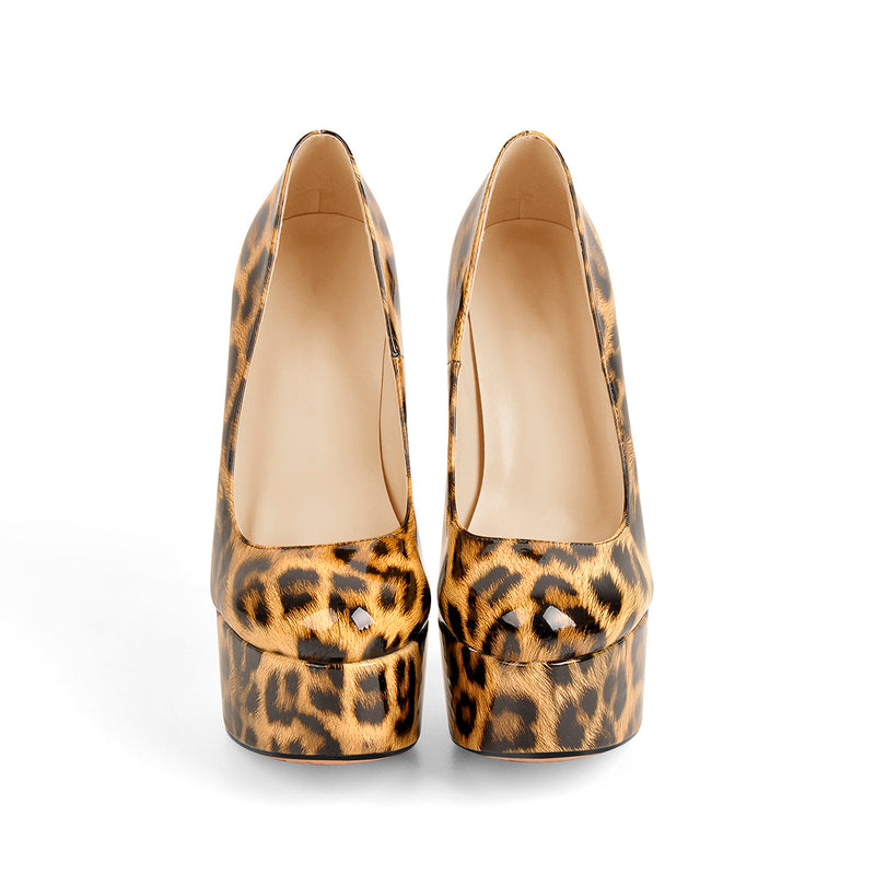 Patent Leather Rounde Toe Platform Leopard Stiletto High Heels Pumps