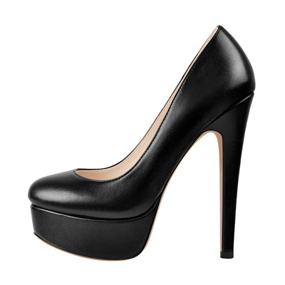 Black Round Toe Stiletto High Heels Slip-on Pumps