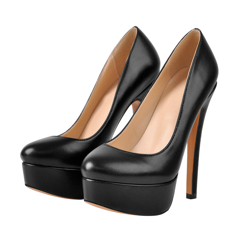 Black Round Toe Stiletto High Heels Slip-on Pumps