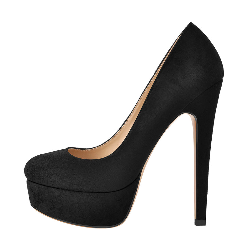 Black Round Toe Stiletto High Heels Slip-on Pumps