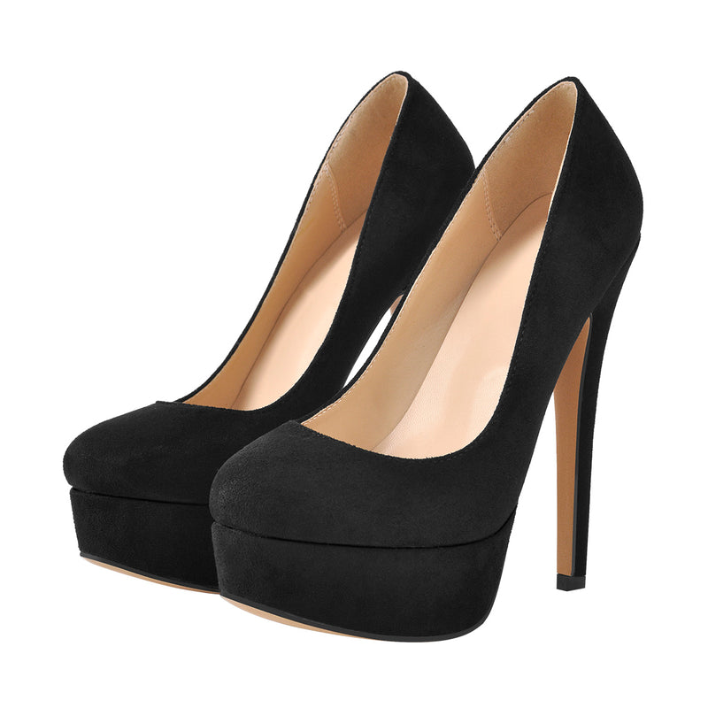 Black Round Toe Stiletto High Heels Slip-on Pumps