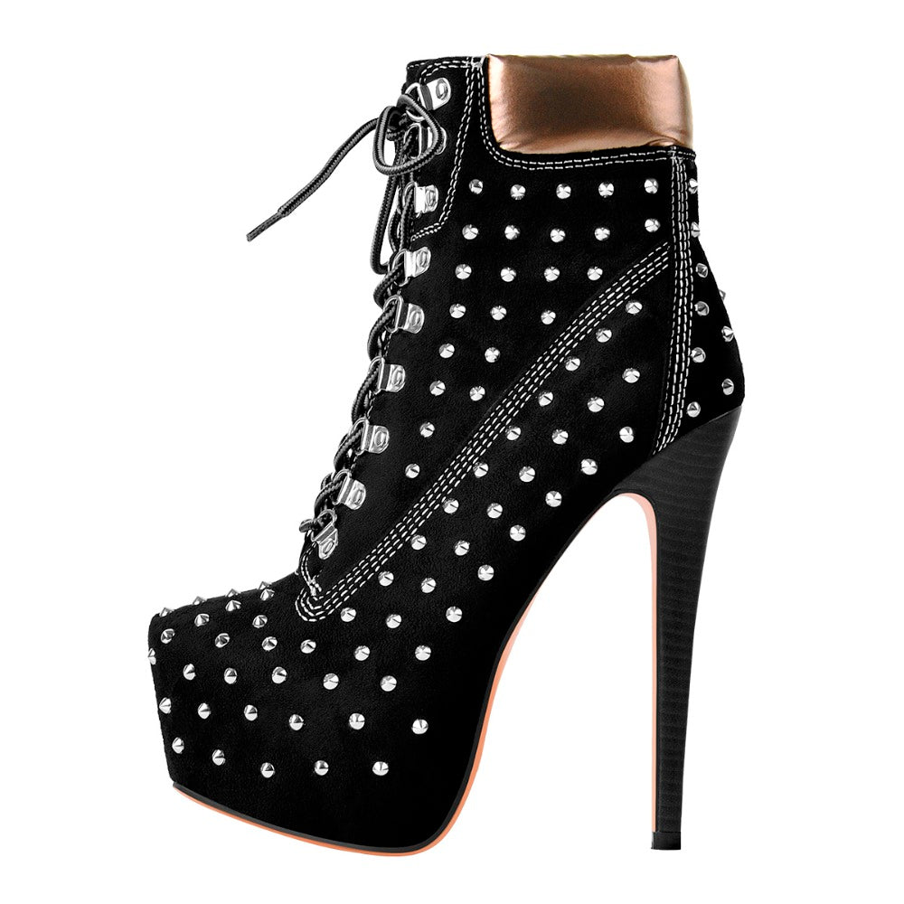 Black Suede Round Toe Rivet Lace-up Ankle Boots – Onlymaker