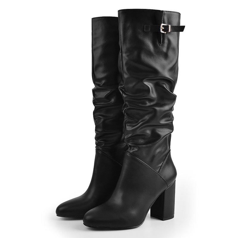Matte Black Leather Chunky Heels Boots