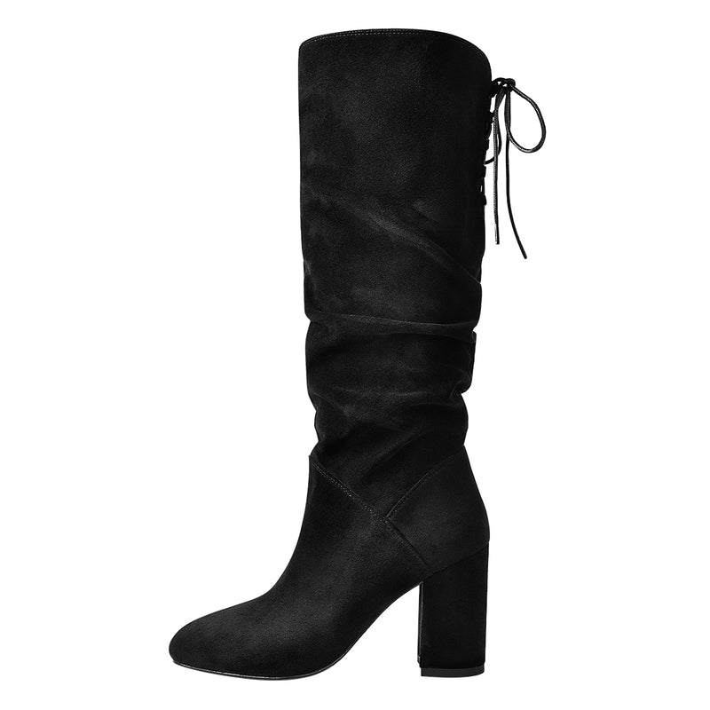 Black Suede Round Toe Chunky Heels Boots