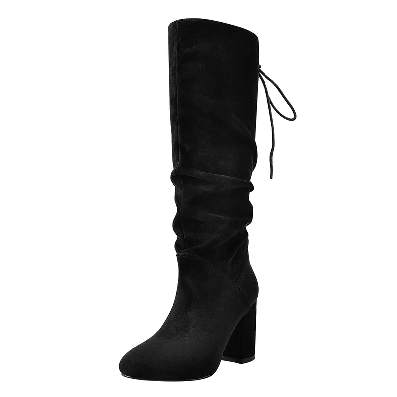 Black Suede Round Toe Chunky Heels Boots