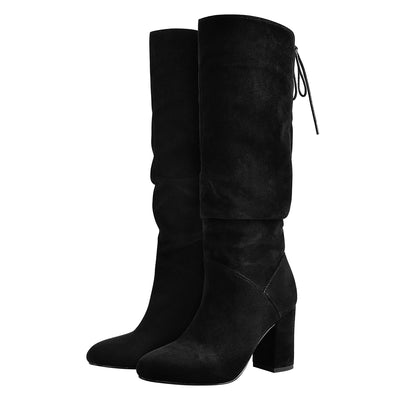 Black Suede Round Toe Chunky Heels Boots